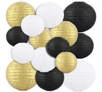 YOUNTHYE 27 PCS Lanterne Papier Noir et Or, Lampion Papier Rond Blanc pour Décoration Anniversaire, Mariage et Nouvel An 2026, Suspension Boule Papier 15/20/25cm, Abat-Jour Papier Fête