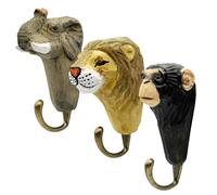 Your castle Lot de 3 crochets muraux : Éléphant/Lion/Singe Animaux pour chambre d'enfant - Crochets porte-manteau en bois | Crochets pour vêtements pour garçons & filles | Porte-manteau mural pour