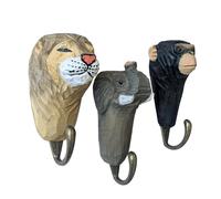 your castle Lot de 3 crochets muraux : éléphant/lion/singe animaux pour chambre d'enfant - Patère en bois pour garçons et filles | Porte-manteau mural pour enfants motifs animaux, env. 12 x 5 x 5 cm