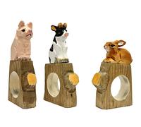 your castle Lot de 3 ronds de serviette en forme d'animaux sur base : lapin, vache et cochon en bois sculpté et peint à la main, env. 11 x 6 x 2 cm