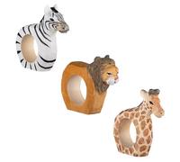 your castle Lot de 3 Ronds de Serviette La Faune Africaine : Lion, zèbre, Girafe en Bois sculptés et Peints à la Main, env. 9 x 7 x 2 cm