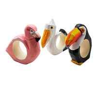 your castle Lot de 3 ronds de serviette sculptés à la main - Design animal - Pélican, toucan, flamant rose - En bois - Peint à la main - Polyvalent - Avec fond stable - 9 x 8 x 2 cm