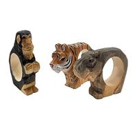 your castle Lot de 3 ronds de serviette sculptés à la main - Design animal - Tigre, singe, hippopotame - En bois - Peint à la main - Polyvalent - Avec fond stable - 8 x 6 x 2 cm
