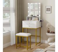 YOURLITE Ensemble de Coiffeuse avec Tabouret, Table de Maquillage avec Miroir Éclairage LED, 3 Couleurs avec Luminosité Réglable, 2 Tiroirs, Support de Sèche-Cheveux, Blanc