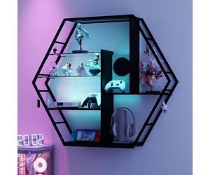 YOURLITE Étagère Murale Suspendue avec LED,7 Couleurs de Lumière Contrôlées par Télécommande ou APP, avec 8 Crochets en S, Étages en Bois et Verre,Cadre Métal Noir, pour Salle de Jeux, Salon, Hexagone