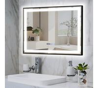 YOURLITE Miroir de Salle de Bain avec Éclairage LED 60x80cm, Fonction Antibuée, Couleur et Luminosité Réglables, avec Affichage Heure et Température, Montage Mural Horizontal Noir