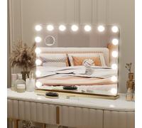 YOURLITE Miroir Maquillage Hollywood Miroir Lumineux Tactile 80x62CM, Température et Luminosité Variable, avec Loupe 10x, 17 Ampoules LED, Port USB, Coin Arrondi, Or