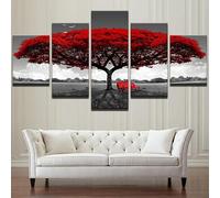 YOURNAME Tableaux Abstraits Moderne Impression sur Toile Decoration Murale 5 Pieces Arbre et banc rouge vif en noir et blanc Tableaux Tableau Chambre Adulte Tableau Decoration Murale