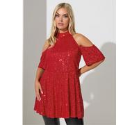 Yours Curve Yours Curve Red Sequin Cold Shoulder Peplum Top