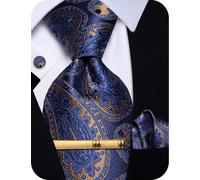 YourTies Cravates en soie pour homme à carreaux motif cachemire floral mouchoir de poche boutons de manchette pince à cravate ensemble mariage fête affaires formel, Motif cachemire bleu et marron