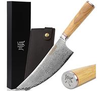 YOUSUNLONG Couteau à couperet de boucher 8'' Couperet à viande - Couteau de boucher en acier à haute teneur en carbone Damas - Manche en bois d'olivier italien avec gaine en cuir - Couteaux de cuisine