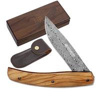 YOUSUNLONG Couteau de poche Damas - Couteaux pliants de survie Lame Damas de 86 mm (185 mm au total) Transport extérieur - Manche en bois d'olivier naturel avec étui en cuir