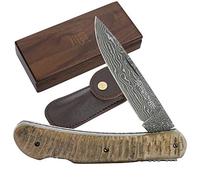 YOUSUNLONG Couteau Pliant de Poche - Lame en Acier Damas Total 175 mm - Couteau de Survie avec étui en Cuir - Manche en Corne d'antilope