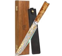 YOUSUNLONG Couteau Sakimaru 200mm - Couteau à Sushi Japonais - Couteaux à Découper en Cuivre Damassé - Couteau à Saumon Ultra Tranchant - Manche en Bois de Ronce Naturel avec Cuir