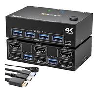 YOUTINGHDAV KVM Switch 2 PC 2 moniteurs DP HDMI, USB 3.0 Dual Monitor KVM Switch DisplayPort HDMI Partager 4 ports USB 3.0 Souris clavier, 4K @ 60Hz, Wired Remote(4K DP HD 2 in 2 out KVM)