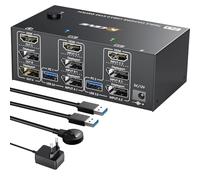 YOUTINGHDAV KVM Switch 2 PC 3 Moniteurs 8K@60Hz 4K@144Hz, KVM Switch Triple Monitor 2 DisplayPort + 1 HDMI pour 2 PC partagent 4 USB 3.0 Port, Souris, Clavier,Wired Remote(8K HD DP 2 in 3 out KVM)