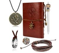 YouU Uncharted Lot de 4 bijoux en cuir fait à la main Motif crâne gravé Crâne Bronze Pièce de monnaie Collier Bague Collier Bracelet en cuir Écriture Journal Notebook avec stylo autocollants de film