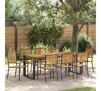 Youuihom Ensemble Table 8 chaises Jardin polyrotin Noir Bois Acacia 200x80x75 cm Solide et Moderne pour terrasse Balcon et Salle à Manger extérieure