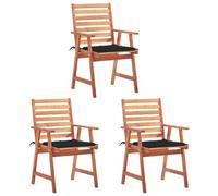 Youuihom Lot 3 Chaises de Jardin en Acacia Massif 56x62x92 cm avec Coussin 50x50 cm Noir Imperméable, Design Lattes Moderne, Chaise Terrasse Camping Balcon, Jusqu’à 110 kg, Rehausse Salle à Manger