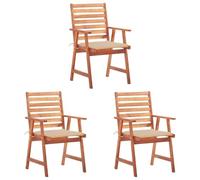 Youuihom Lot de 3 chaises de Jardin extérieur en Acacia Massif 56x62x92 cm avec Coussin Beige 50x50x4 cm imperméable, Design à Lattes, Confort Camping terrasse Balcon