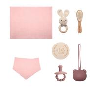 Youuys Cadeau de naissance personnalisé, 7 pièces, cadeau pour nouveau-né, cadeau pour fille garçon, serviettes de bain, hochet, tétine, cartes d'événement, bavoirs, brosse, emballage cadeau (rose)