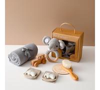 Youuys Cadeau de naissance personnalisé 7 pièces pour nouveau-né, cadeau pour bébé fille garçon, serviettes de bain, hochet, tétine, cartes d'événement, bavoir, brosse (éléphant)