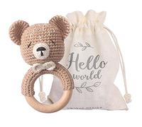 Youuys Hochet Bebe en Bois D'Animal, Anneau de Dentition en Bois pour Bébé, Hochet Au Crochet, Montessori Jouet Nouveau-né Bébé Cadeau (Ours kaki)