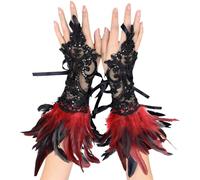 YOUYIKE 2 Pièces Gants Dentelle Plumes, Dentelle de Plumes Vintage, Gant Plume, Costumes de Carnaval, Gant Dentelle Halloween, Vêtements Gothiques, Cosplay, Fête de Mariage（Rouge）