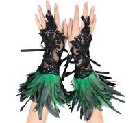 YOUYIKE 2 Pièces Gants Dentelle Plumes, Dentelle de Plumes Vintage, Gant Plume, Costumes de Carnaval, Gant Dentelle Halloween, Vêtements Gothiques, Cosplay, Fête de Mariage（Vert Noir）