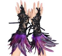 YOUYIKE 2 Pièces Gants Dentelle Plumes, Dentelle de Plumes Vintage, Gant Plume, Costumes de Carnaval, Gant Dentelle Halloween, Vêtements Gothiques, Cosplay, Fête de Mariage（Violet Noir）