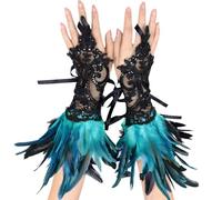 YOUYIKE 2 Pièces Gants Dentelle Plumes, Dentelle de Plumes Vintage, Gant Plume, Costumes de Carnaval, Gant Dentelle Halloween, Vêtements Gothiques, Cosplay, Fête de Mariage(Bleu Lac)
