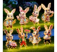YOUYIKE 8 Pièces Lapin de Paques Exterieur, Jardin Lapin Panneau avec LED Guirlandes Lumineuses, Décorations de Pâques Deco Printemps pour Chasse Aux œufs de Pâques Extérieure