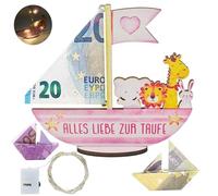 YOUYIKE Cadeaux de baptême pour filles Arche de Noé en bois Cadeau d'argent, mots de bénédiction à faire soi-même sur le côté retour du socle de bateau rose en bois avec guirlande lumineuse LED Cadeau