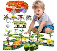 YOUYIKE Circuit Dinosaure, 195 Pièces Circuit Voiture Enfant avec LED, Jurassique Créature Dinosaure Jouet DIY Blocs de Construction Flexible Circuit Cadeau 3 Ans et Plus Garcon