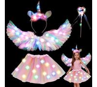 YOUYIKE Costume de licorne pour enfant - Ailes d'ange multicolores - Ailes d'ange - Serre-tête de licorne - Baguette magique LED - Tutu - Jupe en tulle pour fille - Pour Halloween, carnaval, cosplay