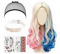 YOUYIKE Quinn Perruque Femme Cosplay Carnaval Wig Long Perruques avec Collier Tatouages Temporaires Filet à Cheveux Vêtements Accessoires pour Halloween