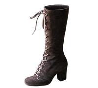 Yowablo Bottes Femme Hautes Boots Mode Casual Vintage Rétro Mi-Mollet À Lacets Épais Talons Chaussures (41,Marron)