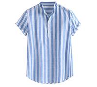 Yowablo Chemise Homme Rayé Coton Lin Henry Colla Lâche Manches Courtes Décontracté Boutons (L,4bleu)
