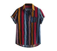 Yowablo Chemises Hommes Lâche Multi Couleur Stripe Lump Chest Pocket À Manches Courtes Ourlet Rond