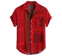 Yowablo Chemises Hommes Vintage Imprimé Ethnique Col Rabattu À Manches Courtes Chemises Décontractées Lâches (XL,1rouge)