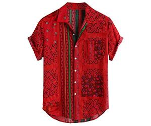 Yowablo Chemises Hommes Vintage Imprimé Ethnique Col Rabattu À Manches Courtes Chemises Décontractées Lâches (L,1rouge)