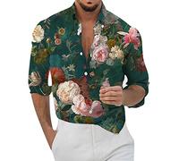 Yowablo Décontracté Hommes lâche géométrique imprimé Manches Longues Poignets Bouton Port Style Chemise Florale Plage hawaïenne Haut d'été Pack Chemise Homme