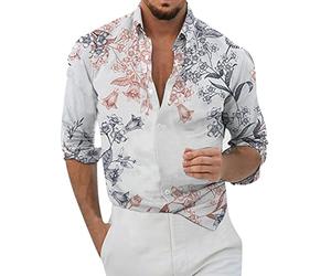 Yowablo Décontracté Hommes lâche géométrique imprimé Manches Longues Poignets Bouton Port Style Chemise Florale Plage hawaïenne Haut d'été Pack Chemise Homme
