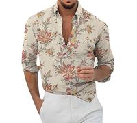 Yowablo Décontracté Hommes lâche imprimé Manches Longues Poignets Bouton Port Style Chemise Florale Sable Plage hawaïenne Haut d'été Pack Chemise Homme