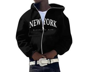 Yowablo Pull à Capuche avec Fermeture éclair complète pour Hommes, Mode Loisirs Confortable, Impression de Lettres anglaises de New York Zip Polaire (Black, L)