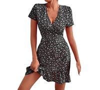 Yowablo Robe d'été pour Femmes Robe Sexy à imprimé Floral Manches Courtes Col en V Robe élégante A-Line Robe de soirée Fluide Robes De Luxes pour Femmes