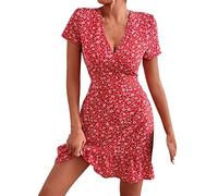 Yowablo Robe d'été pour Femmes Robe Sexy à imprimé Floral Manches Courtes Col en V Robe élégante A-Line Robe de soirée Fluide Robes De Luxes pour Femmes