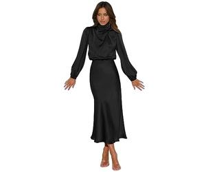 Yowablo Robe en Satin à col Montant pour Femmes élégante à Manches Longues élastique Taille Haute Formelle Mariage Cocktail fête Maxi Robes Robes
