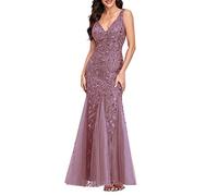 Yowablo Robes de soirée en Queue de Poisson pour Femmes brodées sans Manches col en V Mariage Demoiselle d'honneur soirée Longue Maxi Robe étage Robe De Soirée Grande Taille Courte