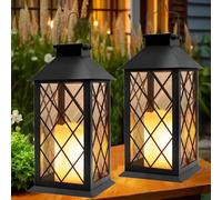 Yowin Lanterne Solaire Exterieur 2 Pièces Grande Lampe Solaire Jardin avec Bougie, Verre Trempé, Lampe de Table Étanche Suspension Lampe, Solaire Exterieur a Poser pour Balcon Jardin Terrasse - Noir